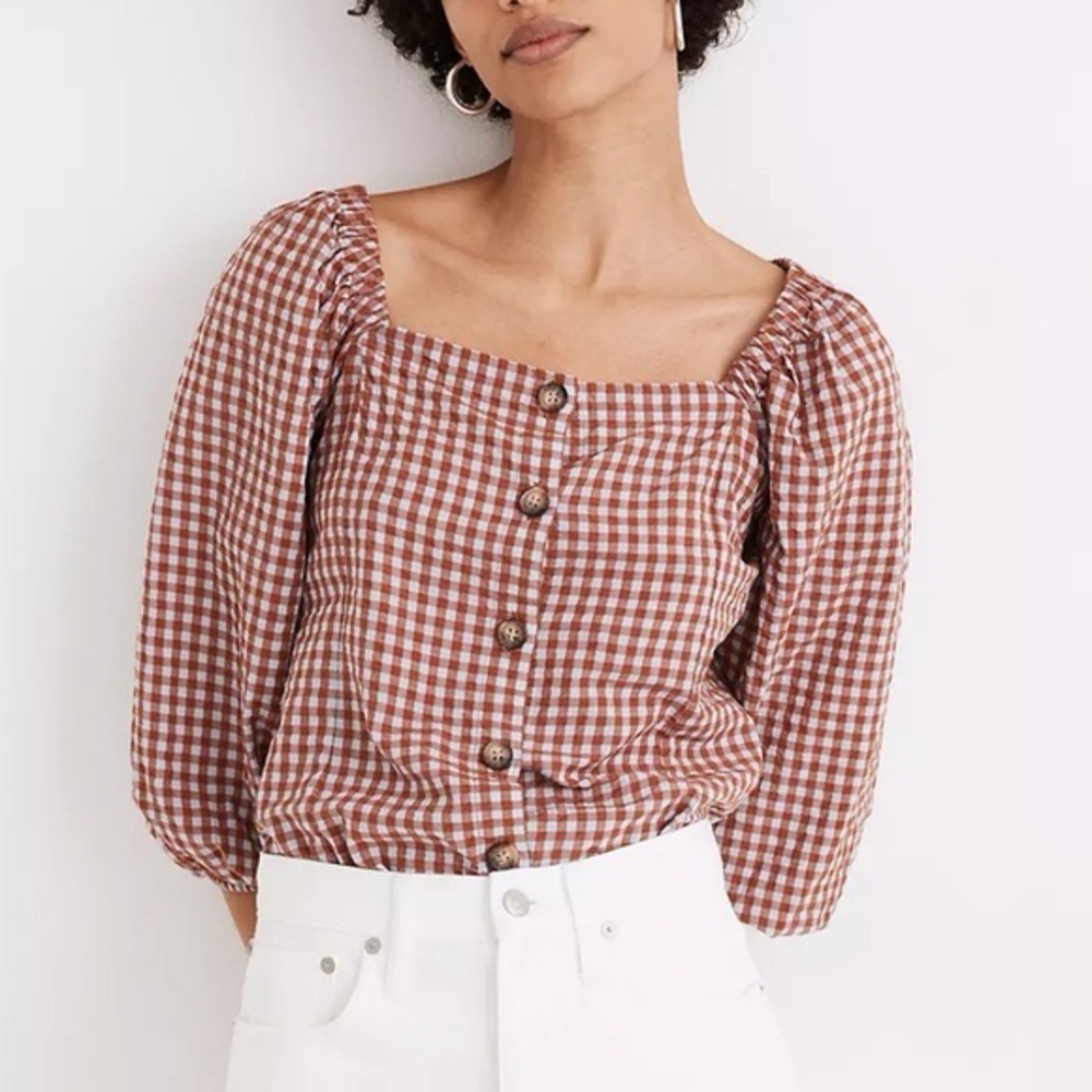 Madewell Multicolor Gingham Seersucker Puff-Sleeve Button-Front Top